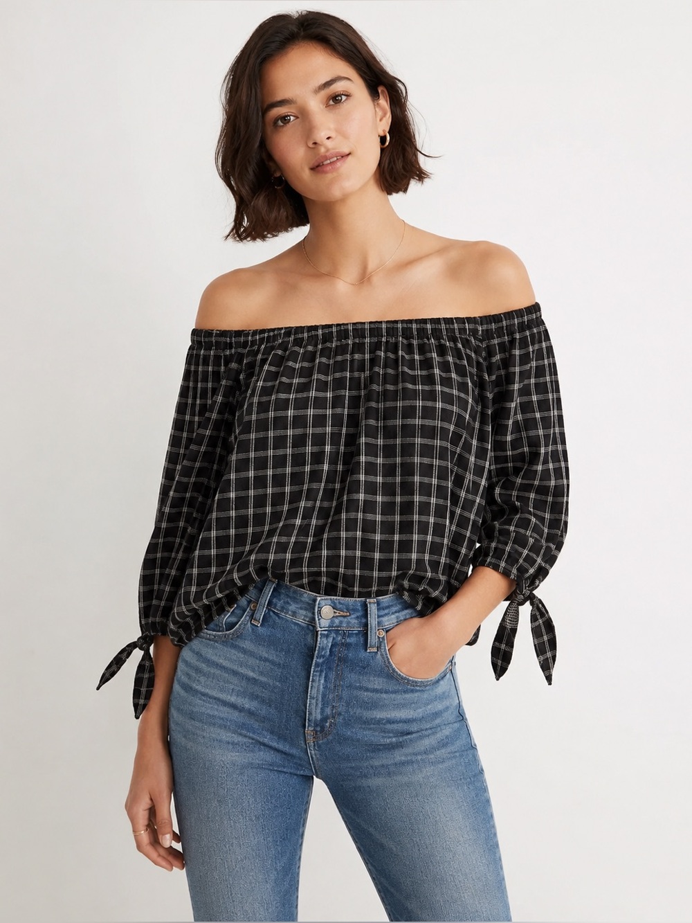 Madewell Plaid Off-the-Shoulder Tie Sleeve Top Black White Size S